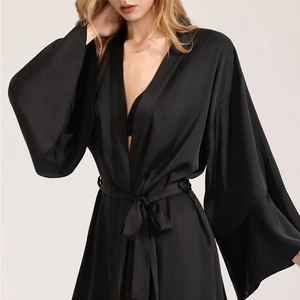 Elegant matte black satin robe for women with V-neckline and adjustable waist tie
