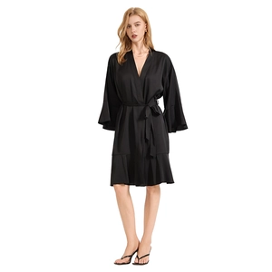 Elegant black matte satin bathrobe for women with bell sleeves and ruffle hem design