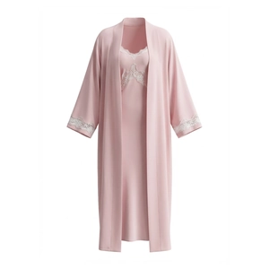 Elegant two-piece light pink silk satin pajama set with robe and lace-trim nightdress