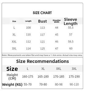 Size chart for men's silk robe with measurements from L to 3XL and fitting guide