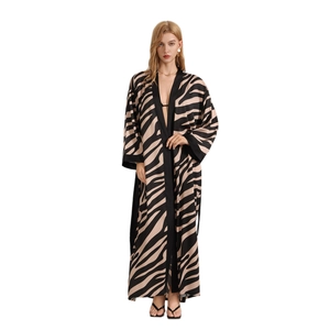 Women's zebra print pearl chiffon long kimono robe with lace trim for beach or home