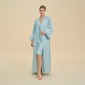 Luxurious Satin Long Robe And Nightdress With Feather Cuffs For Women V-Neck Silk Texture Sleepwear Bathrobe Bridesmaid Lounge