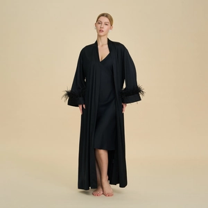 Luxurious black satin robe set with elegant feather cuffs and long slip dress for women