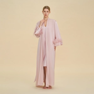 Pink silk satin pajama robe set with luxurious feather trim sleeves for women