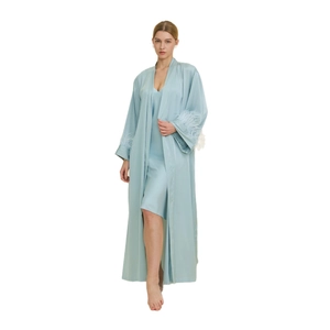Elegant light blue silk robe set with white feather cuffs and matching camisole dress