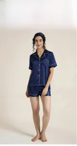 Women's dark blue satin short pajamas set with white contrast piping for home wear