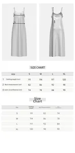 Detailed size guide for satin slip dress showing measurements for S to XL sizes