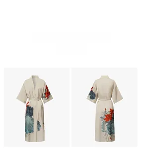 Front and back detail of satin robe featuring elegant lotus ink painting print