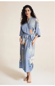 Detailed view of women's long satin sleepwear robe with floral prints and silk finish