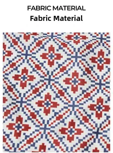 Detailed view of the retro geometric print fabric on satin pajamas in red and blue