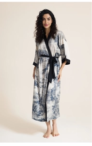 Elegant satin robe for women featuring blue landscape print and black silk waist tie