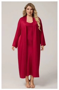 Detail of red satin long robe and slip dress set with elegant glossy finish