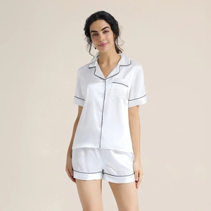 Women Satin Pajamas Short Sleeve Button Down Top And Shorts Casual Lounge Sleepwear With Contrast Piping Pjs