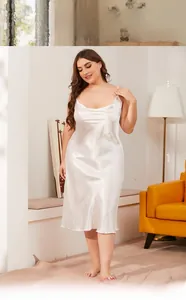 Detail of white satin plus size nightgown with a draped neckline and smooth finish