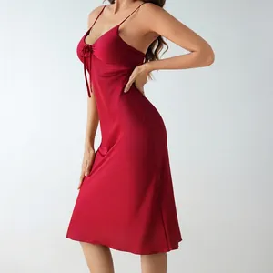 Women Sexy Satin Nightgown With Chest Pads Spaghetti Strap Backless V Neck Sleepwear Elegant Silk Feel Home Dress