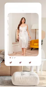 Detail of white satin plus size nightgown featuring cowl neck and thin spaghetti straps