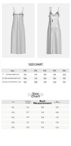 Size chart for plus size satin slip nightgown showing measurements from 1XL to 5XL
