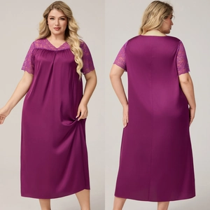 Damen Übergröße Satin Nachthemd Spitzen-Patchwork V-Ausschnitt Kurzarm Maxi Schlafanzug Locker Lässig Homewear Morgenmantel