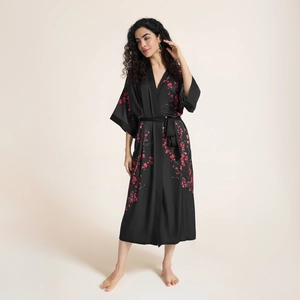Women's black satin robe with red floral cherry blossom print and matching waist tie