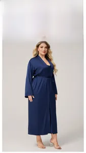 Elegant deep blue satin long bathrobe set with matching silk belt for a luxurious home look