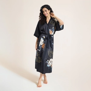Satin floral kimono robe for women featuring elegant V-neck design and matching waist belt