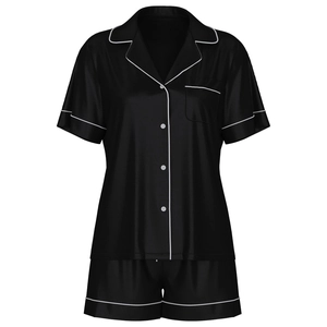 Classic black satin pajamas set for women with short sleeves and white piping details
