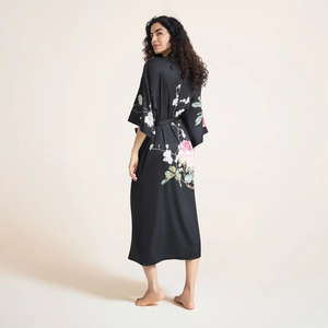 Women's black floral satin kimono robe with traditional pink peony print and waist tie