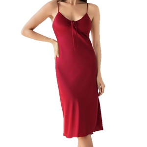 Deep red satin slip nightdress with V-neckline and adjustable spaghetti straps for women