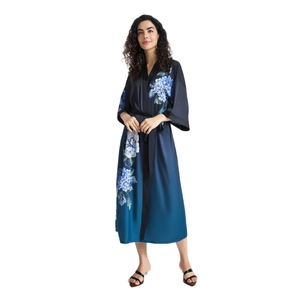 Women's satin kimono robe with blue gradient hydrangea print and black belted waist