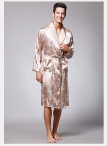 Champagne gold satin robe featuring white baroque floral patterns and shawl collar