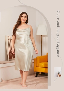 Elegant champagne satin nightgown featuring a draped neckline and smooth silky texture