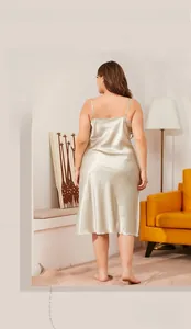 Detail of plus size champagne satin sleepwear showing thin straps and smooth back texture