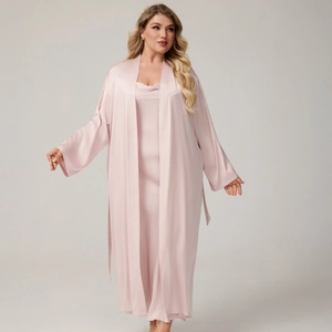 Women Plus Size Satin Robe And Cami Dress Sleepwear Sexy Solid Color Loungewear Long Bathrobe Elegant Nightgown Home Wear