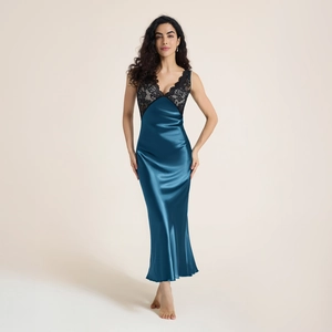 Femmes Sexy Satin Chemise de Nuit Bordure en Dentelle Col en V Dos Nu Longue Lingerie Élégante Bretelle Spaghetti