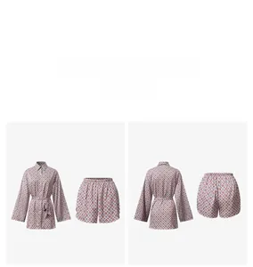Detailed front and back view of satin long sleeve pajama set with geometric patterns