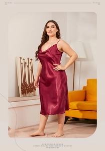 Detail of wine red satin plus size nightgown with cowl neck and glossy finish