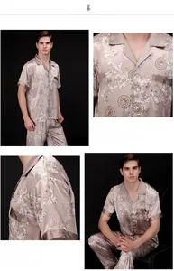 Detail of men's champagne silk pajamas set with vintage baroque print and notch lapel