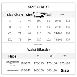 Detailed size chart for men's silk pajamas set including measurements for L to 3XL
