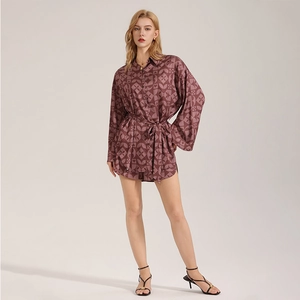 Women's vintage satin pajama set with geometric print and waist tie belt