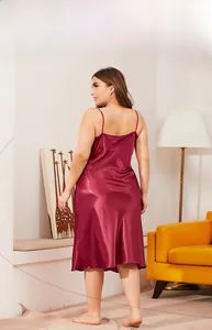 Detail of burgundy satin plus-size nightgown featuring a draped neckline and silk texture