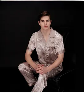 Detail of men's satin short-sleeve pajama set with classical floral prints