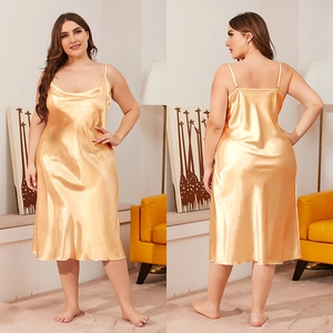 Detailed view of champagne gold satin plus size nightdress with elegant cowl neck draping