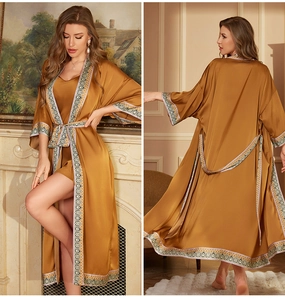 Detailed view of elegant satin lounge robe set with vintage pattern trim in caramel gold