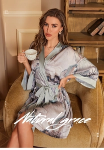Elegant satin floral robe featuring a high-end silk-like finish and V-neck design