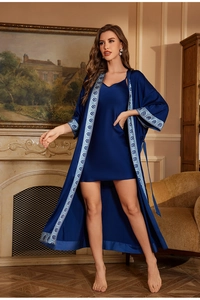 Elegant dark blue satin robe and slip dress set featuring patterned geometric trim details