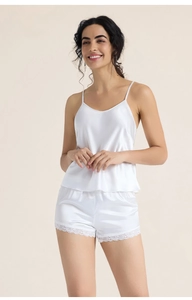 White silk satin pajama set for women featuring V-neck camisole and lace trim shorts