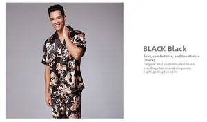 Detail of black silk pajama set for men with luxury gold baroque patterns and smooth texture