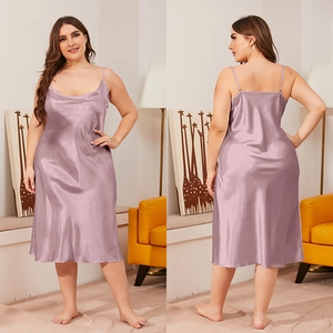 Detail of plus size silk satin nightgown featuring draped cowl neck and thin straps