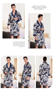 Detailed views of men silk-like navy robe featuring vintage pattern and waist belt