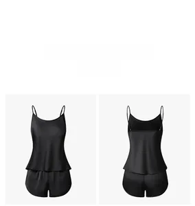 Vue avant et arrière d'un ensemble de nuit en satin noir avec débardeur et short